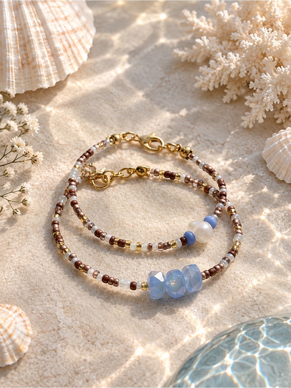 Gold and Blue Beaded Double Bracelet - Women's Jewelry